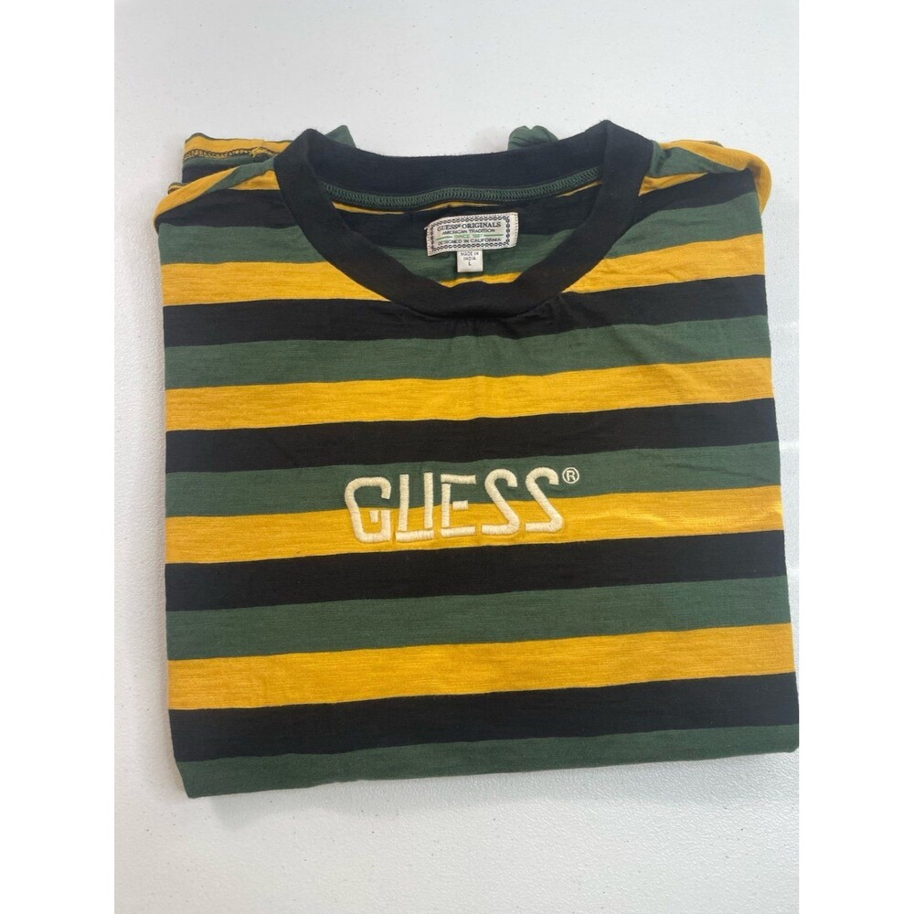 Vintage Y2K Guess Originals Striped Tee Green Yellow Logo Shirt Mens L - Picture 1 of 7